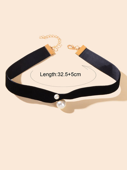 Retro Pearl Decor Black Velvet Short Tattoo Choker Collar Women Dinner Necklace-4