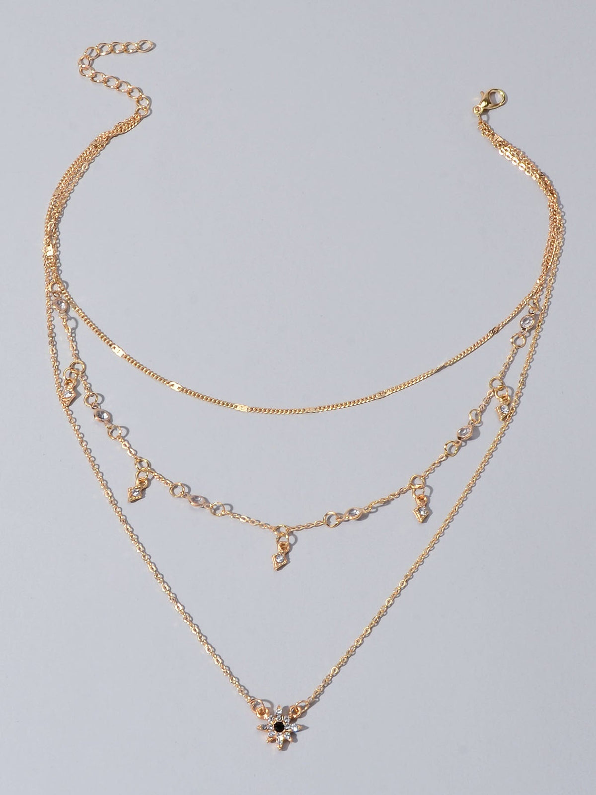 Awesome Teens Jewellery Gift Gold Layered Chain Rhinestone Flower Charm Necklace-3
