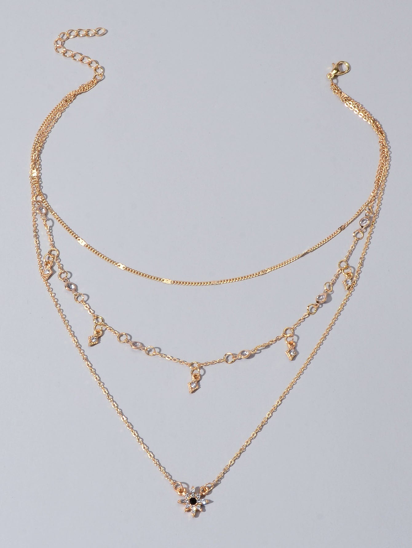 Awesome Teens Jewellery Gift Gold Layered Chain Rhinestone Flower Charm Necklace-3