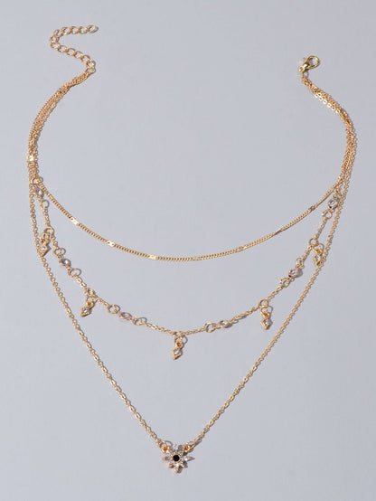 Awesome Teens Jewellery Gift Gold Layered Chain Rhinestone Flower Charm Necklace-3