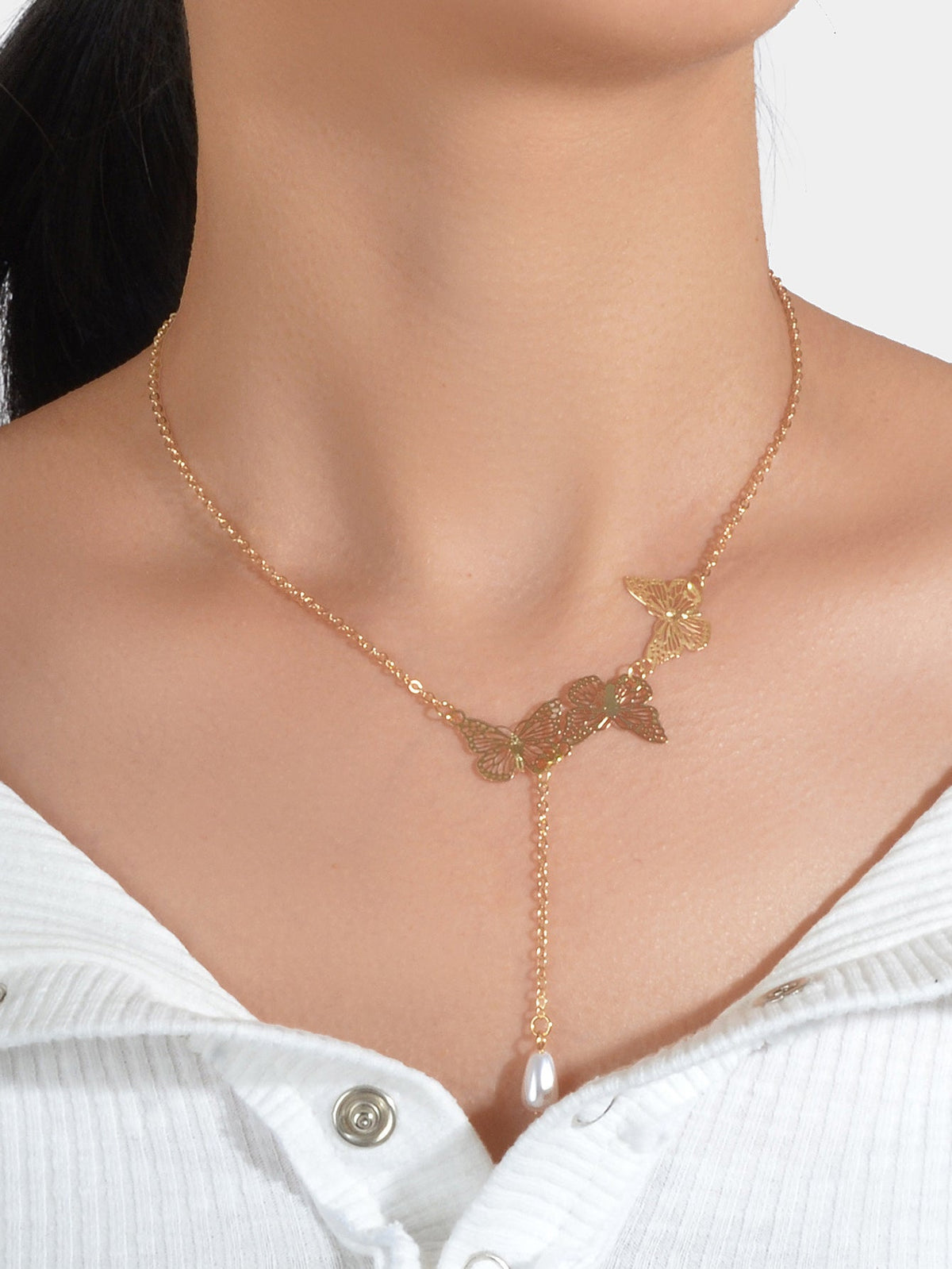 Designer Gold Butterfly Pearl Charm Personality Long Chain Dangle Y Necklace-4