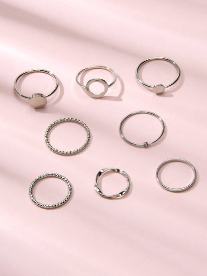 8 pcs Simple Geometric Rhinestone Disc Knuckle Multiple Finger Rings Bulk Pack-4
