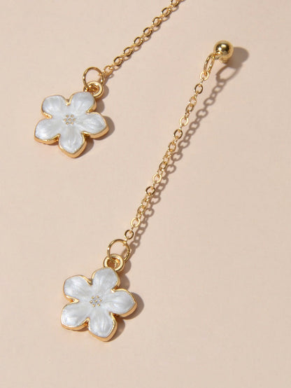 Charming White Black Enamel Long Chain Flower Pendant Dangle Pierced Earrings-4