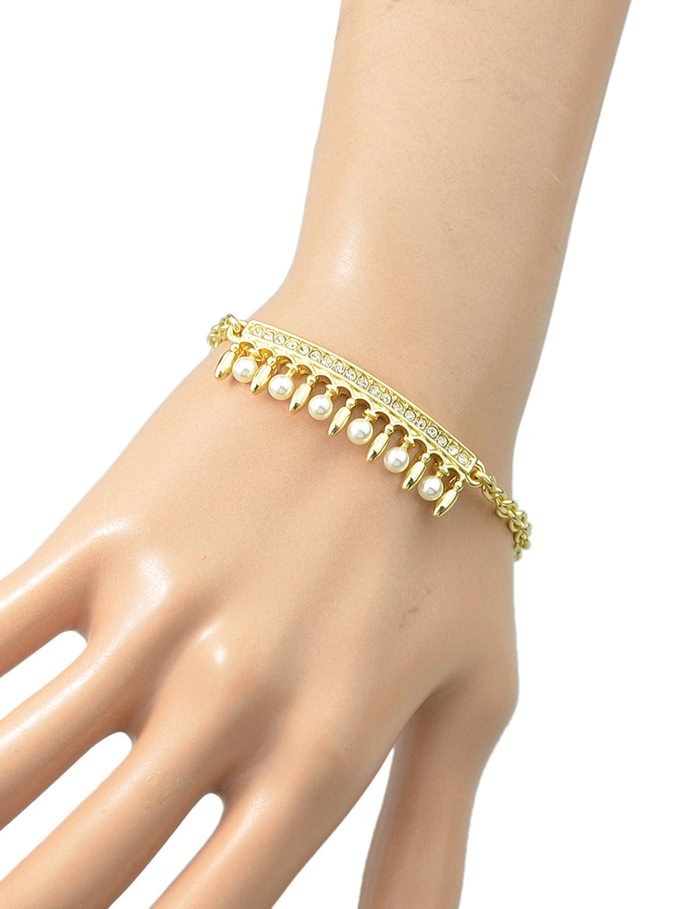 Textured Accessories Pearl Rhinestone Gold Charm Friendship Classic Bracelet-4
