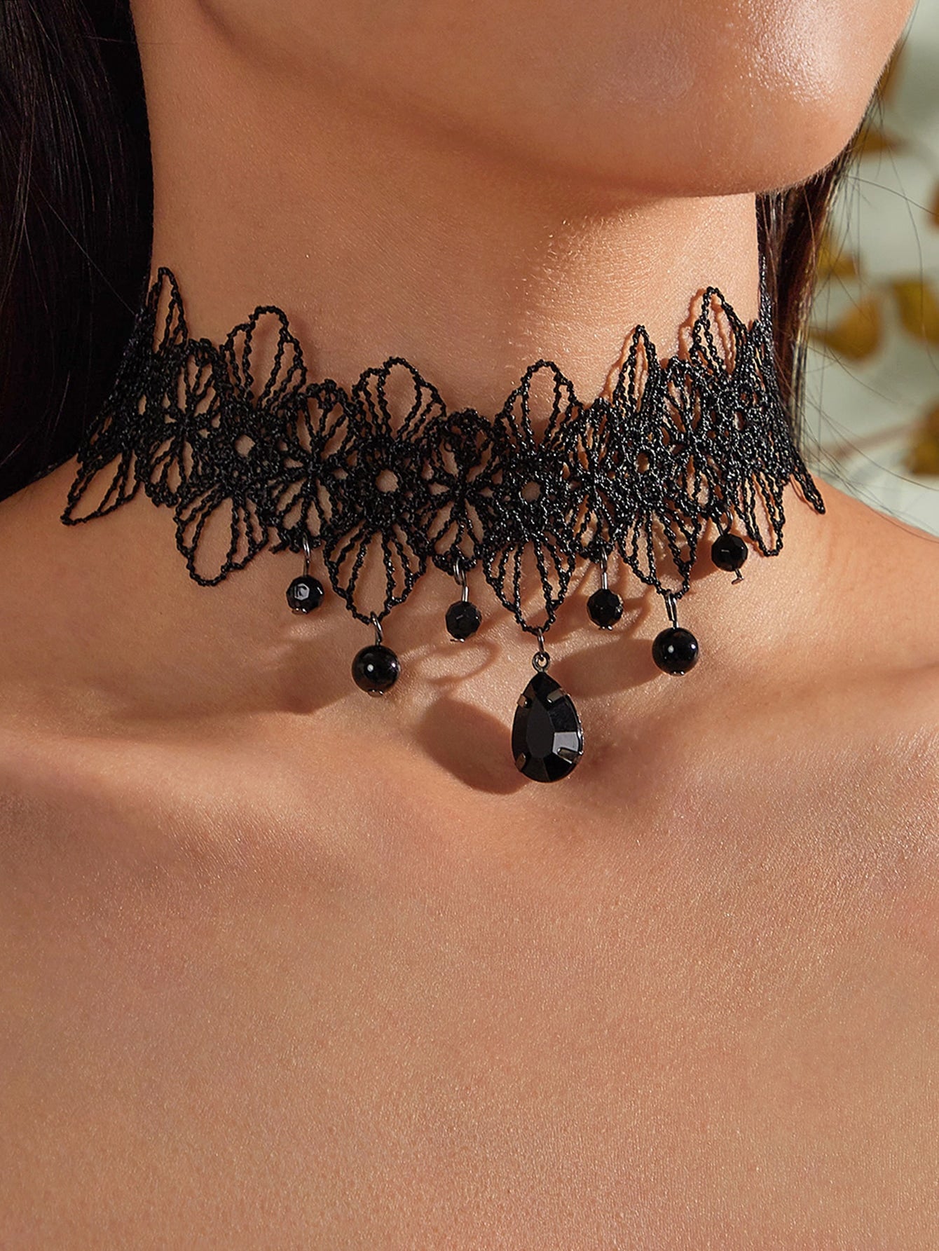 Black Lace Flower Water Drop Gothic 90s Tattoo Choker Necklace Halloween Jewelry-0