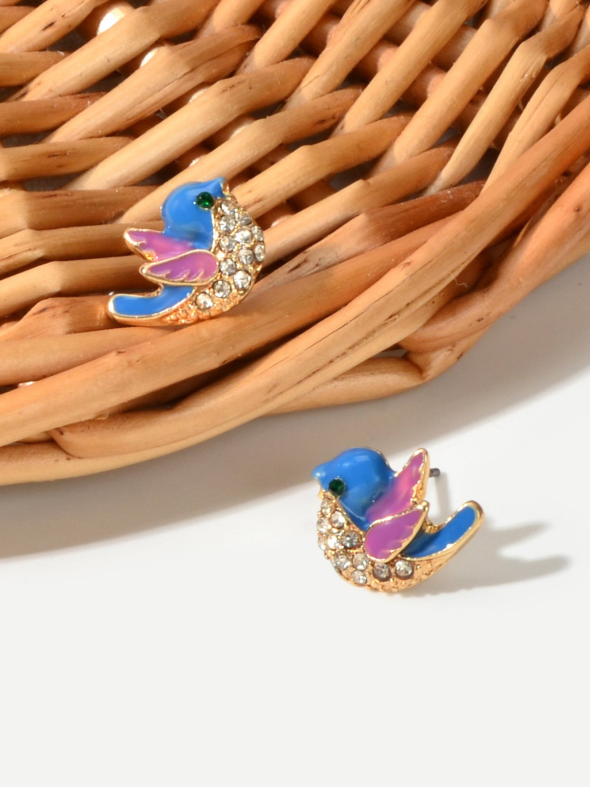 Small Rhinestone Purple Blue Enamel Love Birds Stud Earrings Funny Party Gifts-4