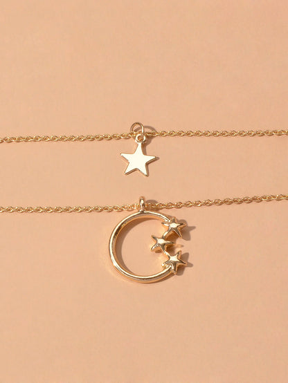 Awesome Jewelry Double layer Chain Star Circle Pendant Necklace Engagement Gift-4