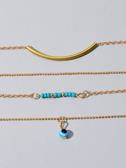 Boho Chic Blue Beads Jewelry Multilayer Gold Chain Round Pendant Ethnic Necklace-4
