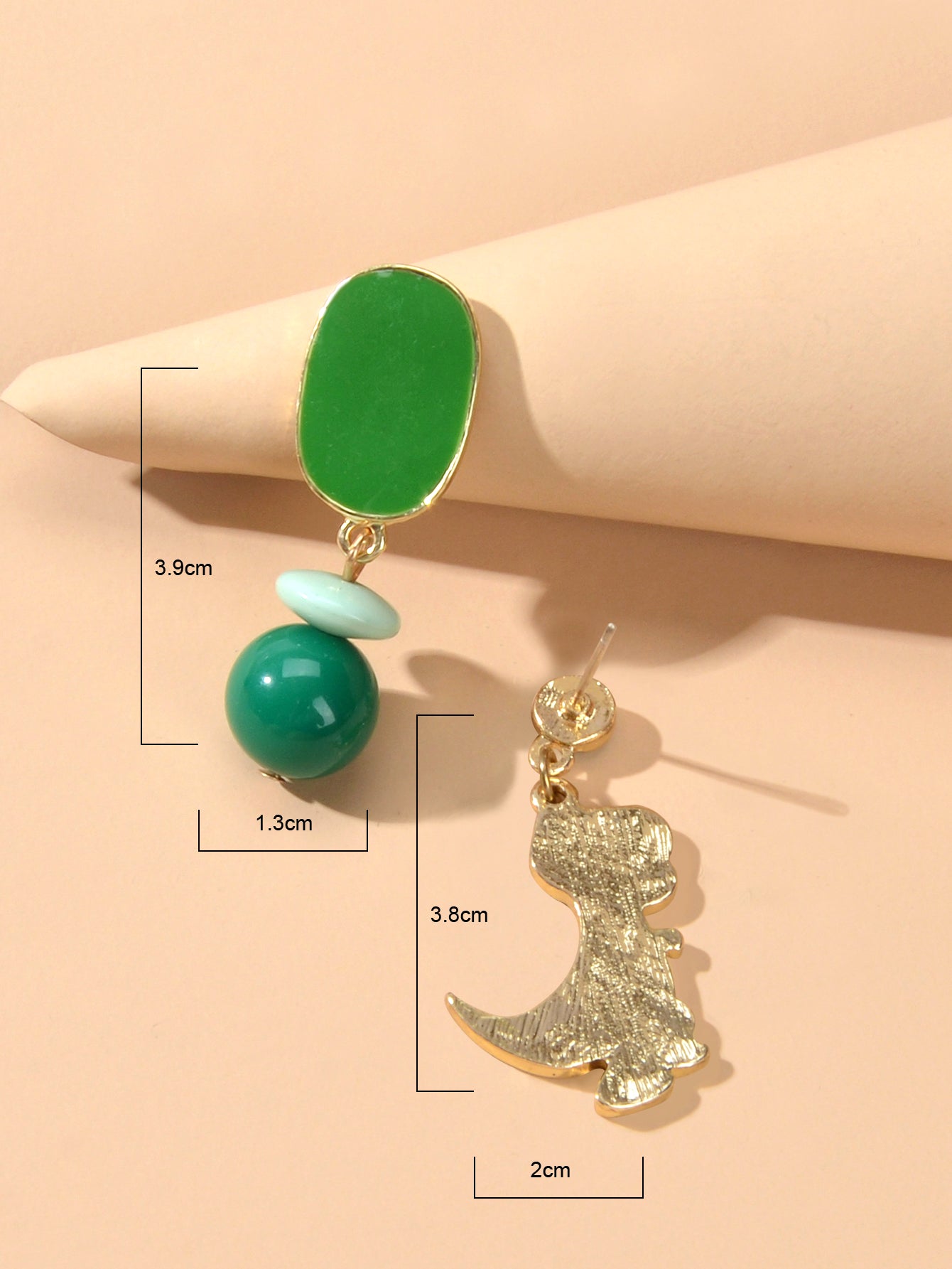 Asymmetrical Cartoon Design Green Beads Enamel Dinosaur Dangle Animal Earrings-4