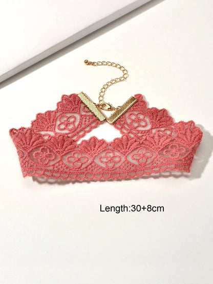 Solid Pink Lace Flower Geometric Pattern Gothic 90s Tattoo Choker Necklace Teens-4