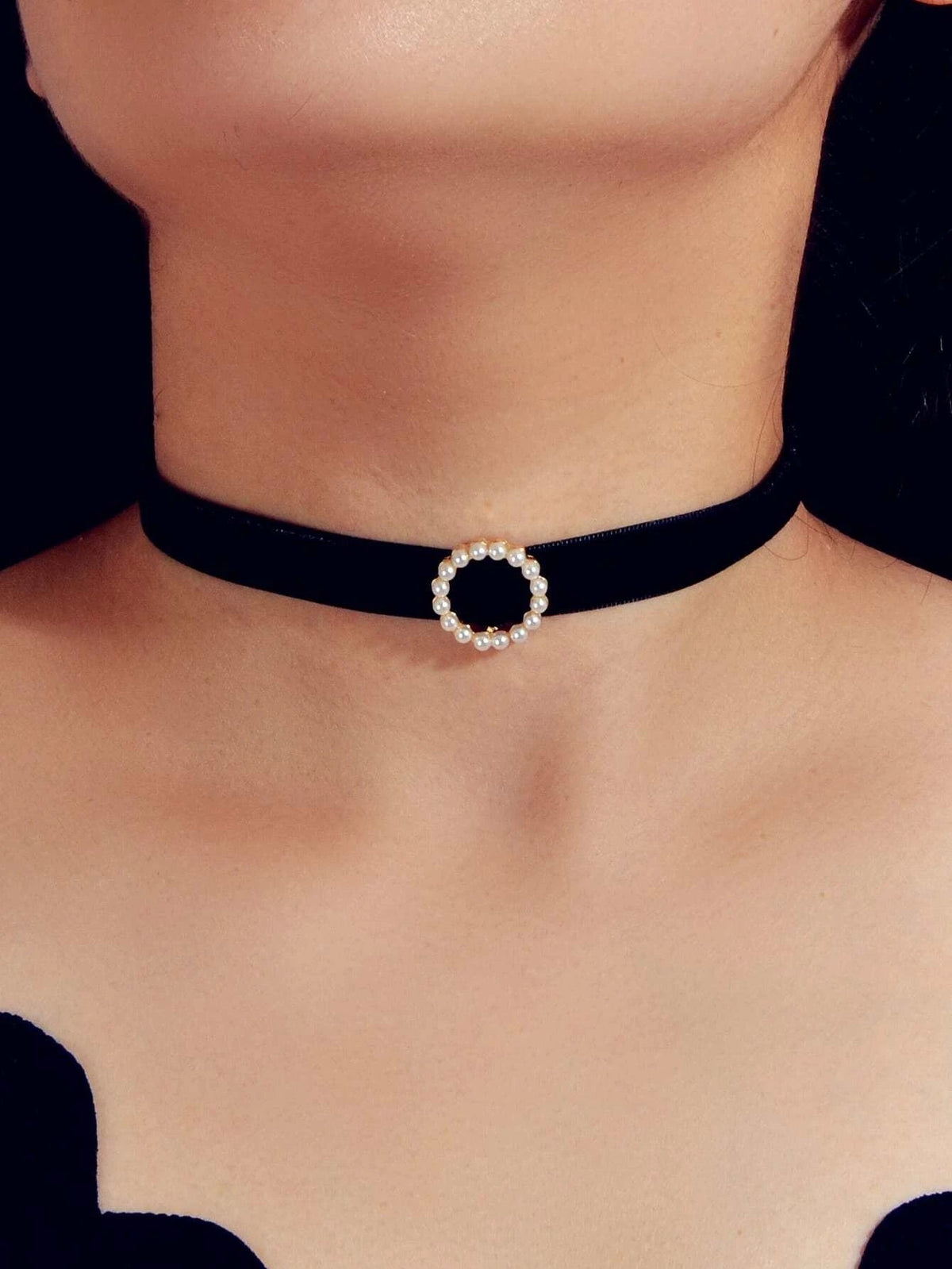Retro Jewellery Pearl Decor Green Black Red Velvet Choker Necklace Accessories-0