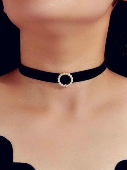 Retro Jewellery Pearl Decor Green Black Red Velvet Choker Necklace Accessories-0