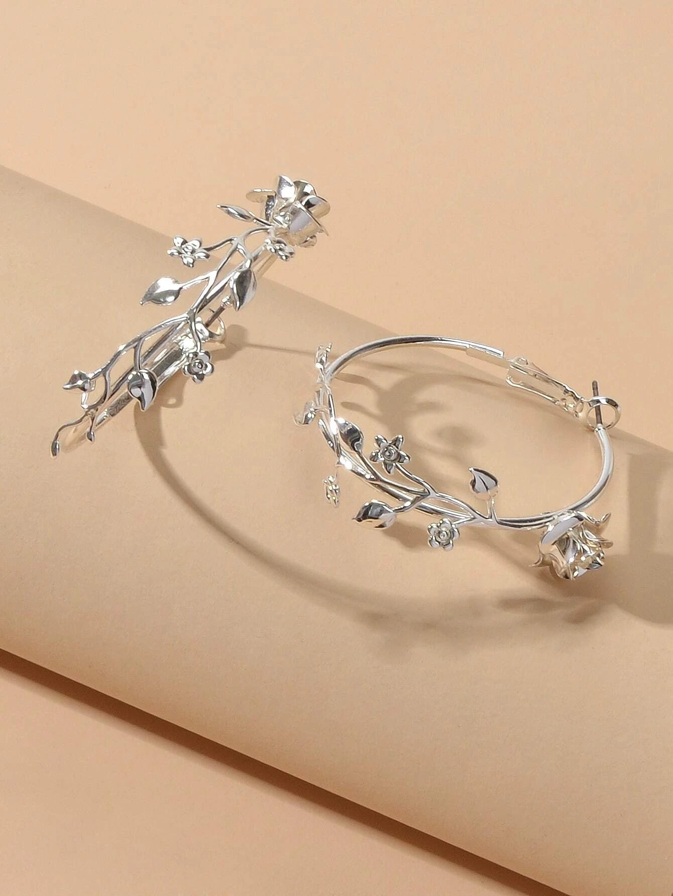 Traditional Silver Leaf Rose Flower Big Dangle Chunky Hoop Statement Earrings-4