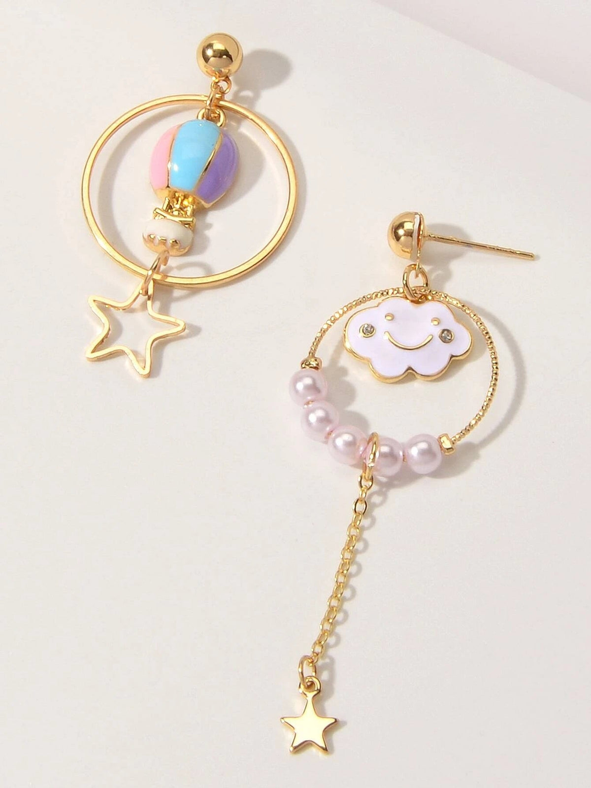 Lovely Jewellery Pearl Hot Air Balloon Clouds Star Charm Asymmetric Earrings-4