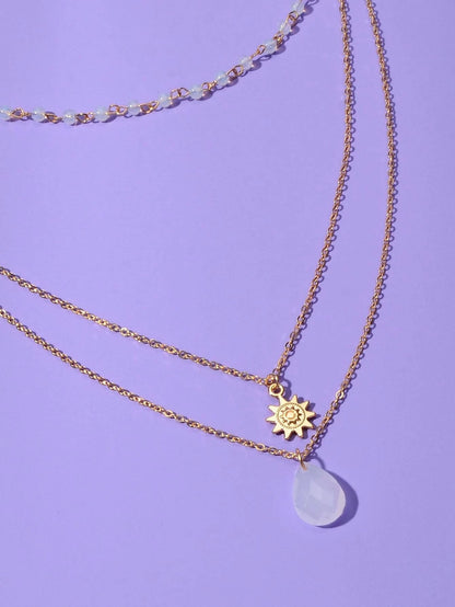 Triple Chain Star Water Drop Beads Necklace Creative Handmade Dainty Jewellery-4