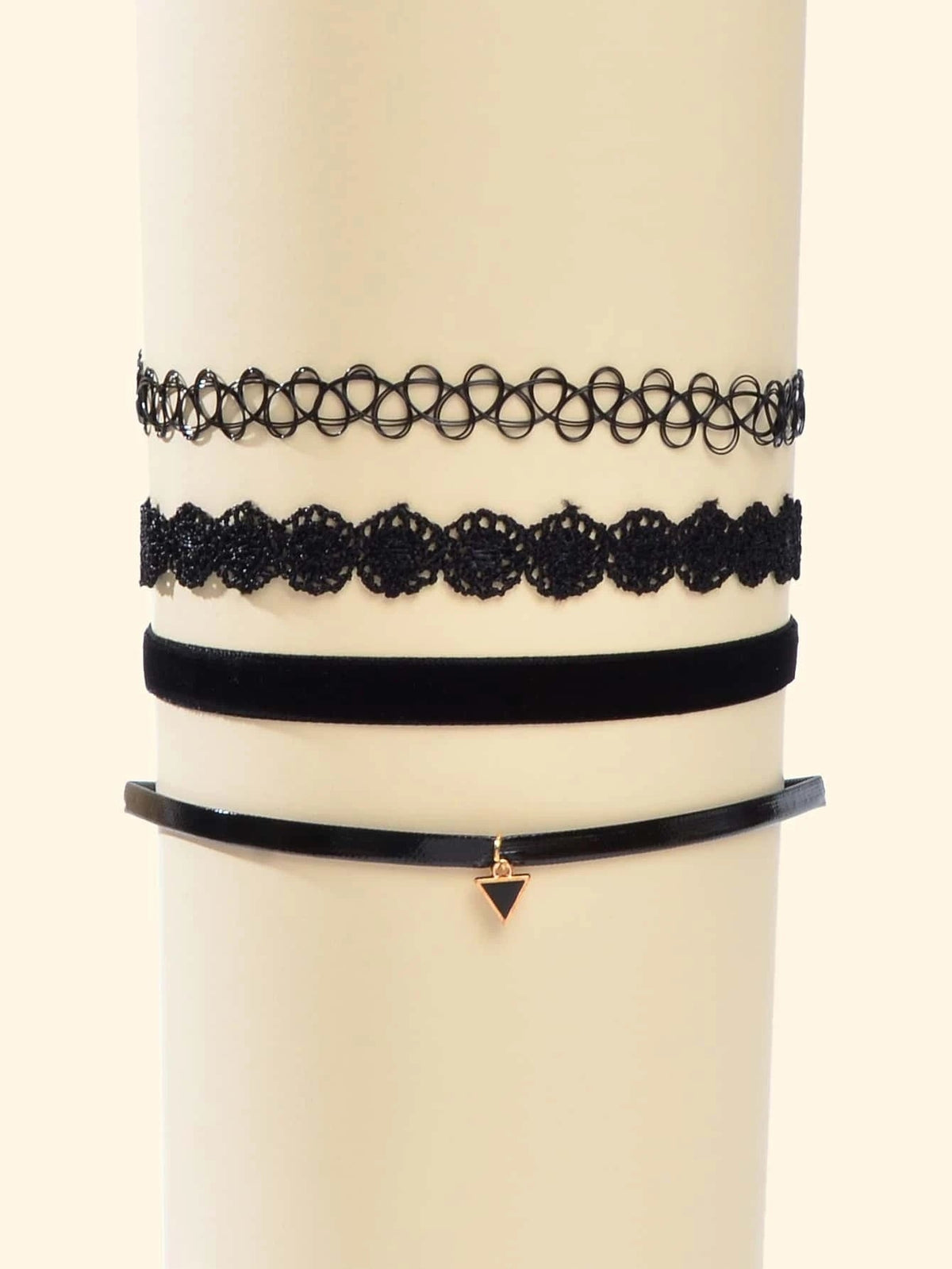4 pcs Black Lace Pu Leather Geometric Gothic 90s Tattoo Velvet Choker Necklace-0