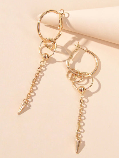Punk Cool Cone Decor Drop Tassel Chain Hoop Spike Circle Huggie Rivet Earrings-2