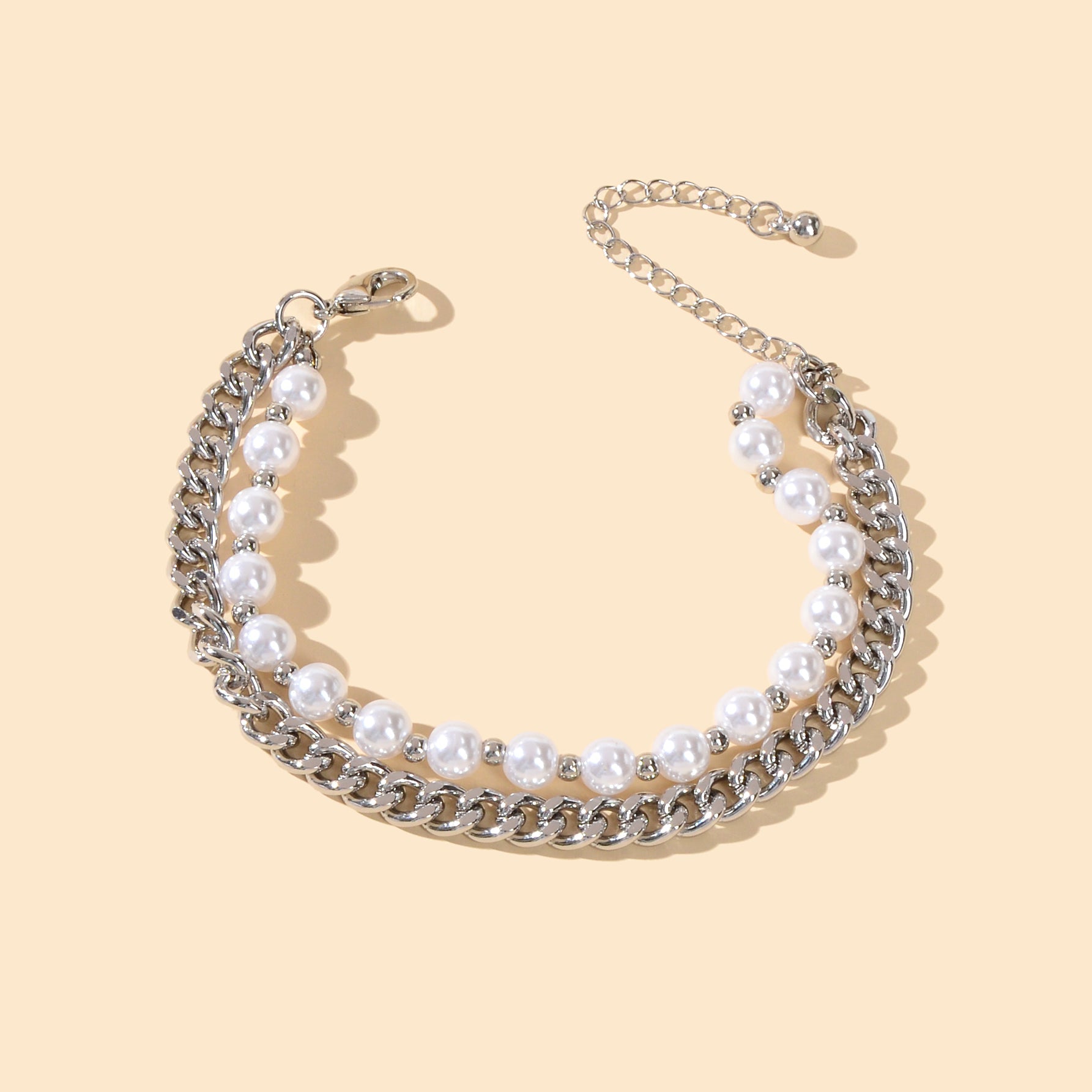 Punk Retro Double layer Silver Chain Pearl Bracelet Statement Women Accessories-1