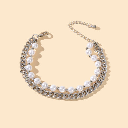 Punk Retro Double layer Silver Chain Pearl Bracelet Statement Women Accessories-1