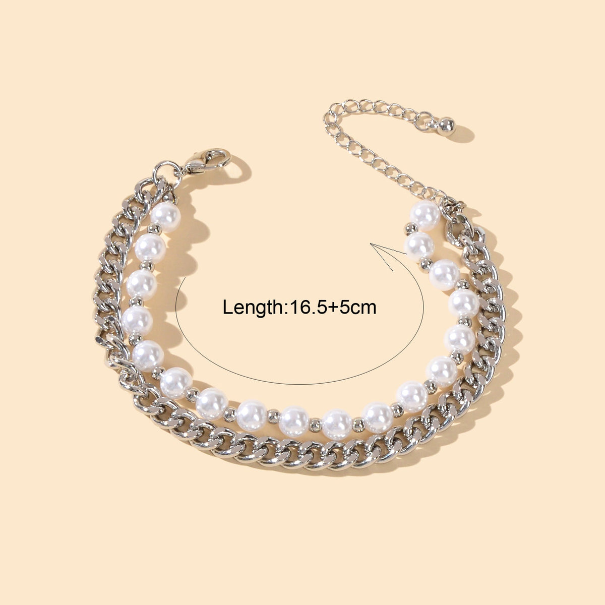 Punk Retro Double layer Silver Chain Pearl Bracelet Statement Women Accessories-2