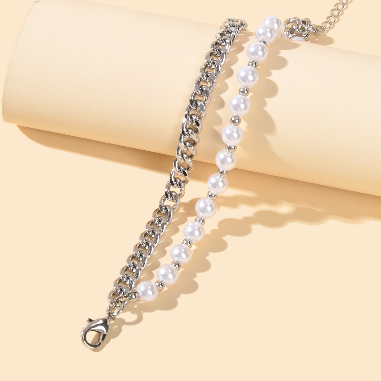 Punk Retro Double layer Silver Chain Pearl Bracelet Statement Women Accessories-3