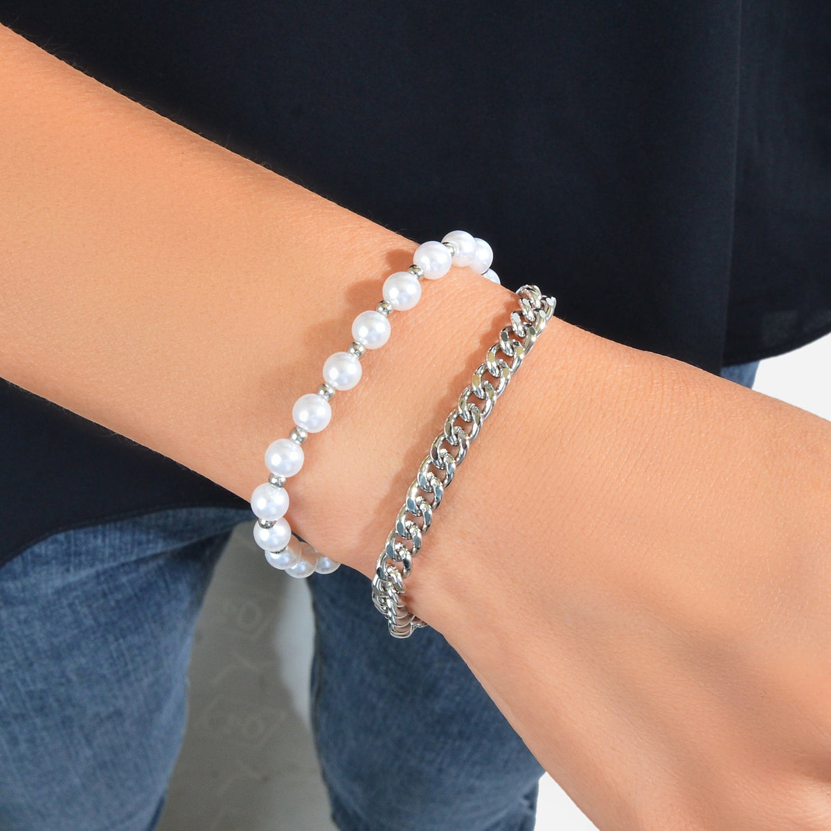 Punk Retro Double layer Silver Chain Pearl Bracelet Statement Women Accessories-0