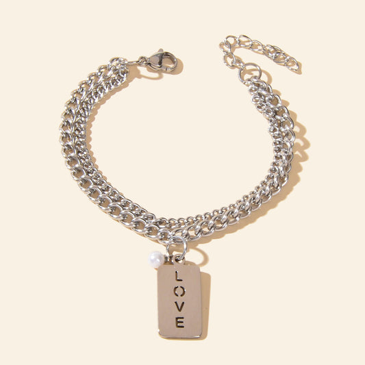 Layered Silver Chain Stainless Steel Rectangle Charm Letter LOVE Bracelet-1