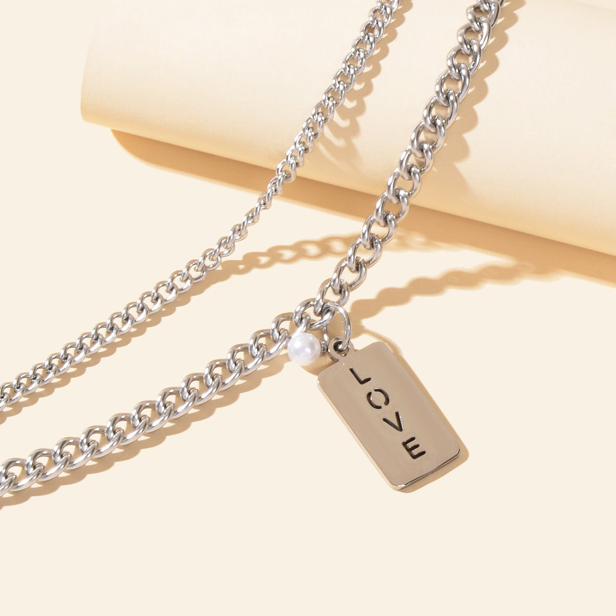 Layered Silver Chain Stainless Steel Rectangle Charm Letter LOVE Bracelet-3