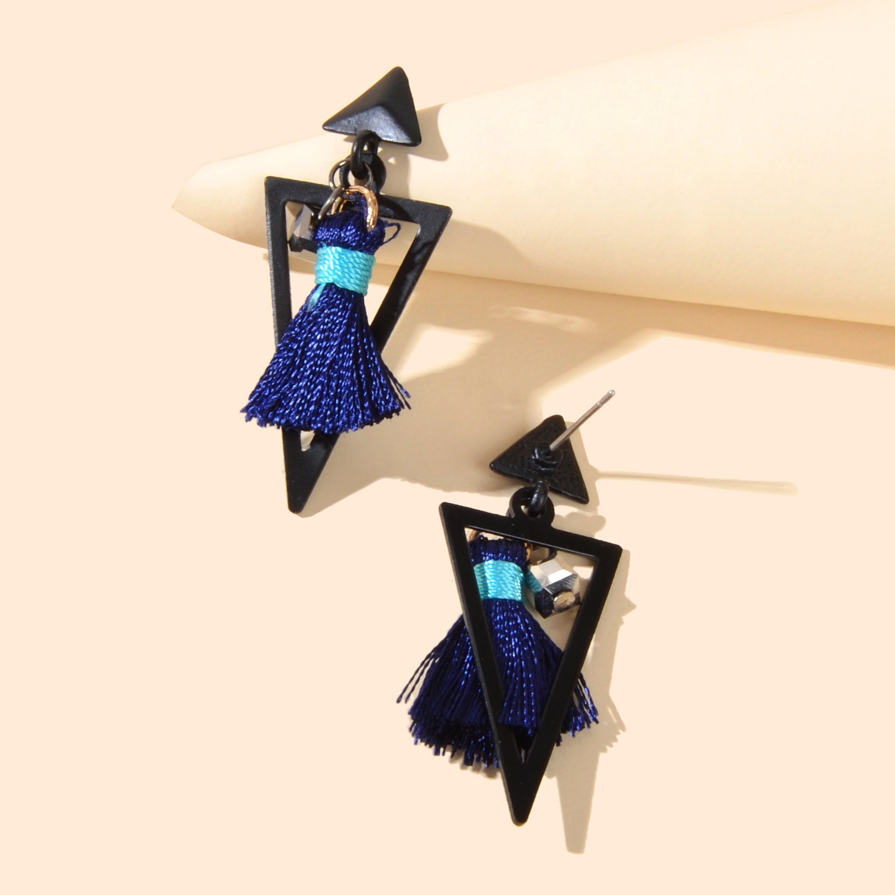 Black Triangle Blue Tassel Dangle Earrings Ethnic Traditional Jewellery Gift-2