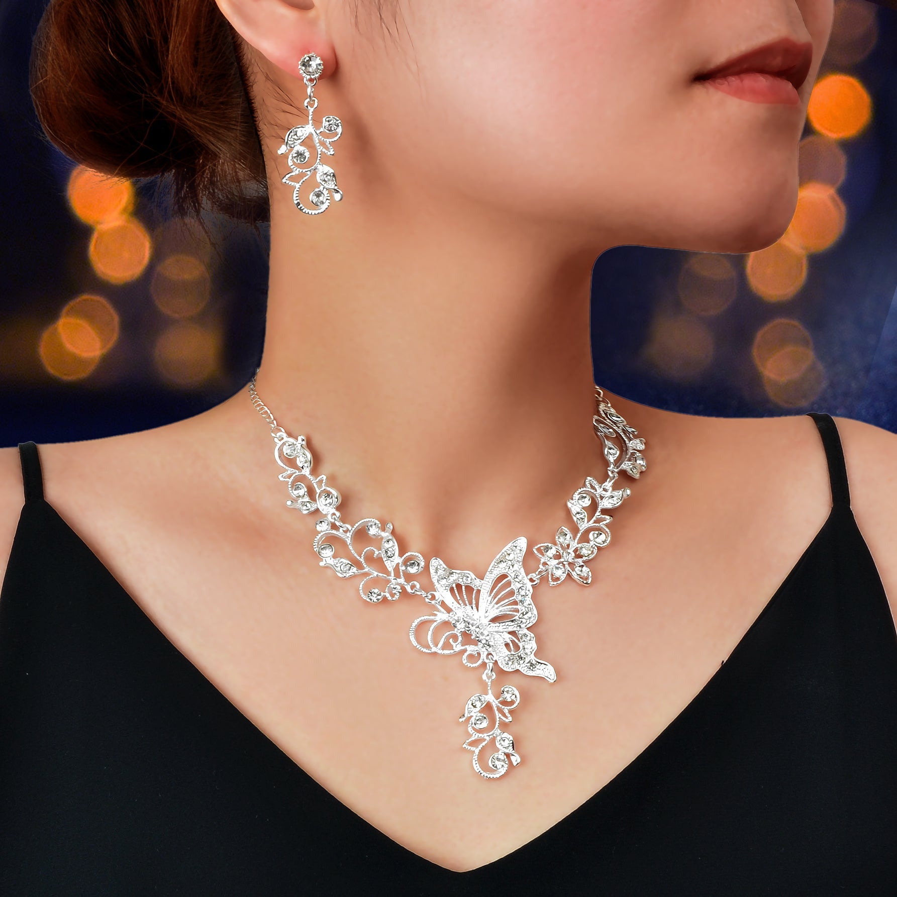 Anniversary Jewellery set Silver Flower Butterfly Collar Necklace Drop Earrings-0