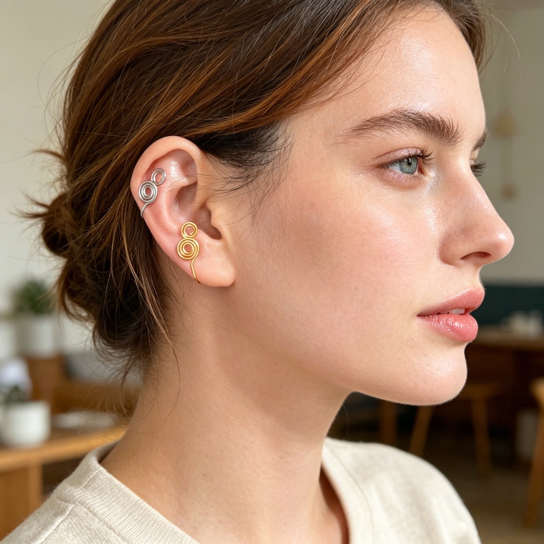 2pcs Gold Silver Spiral Coil Ear Cuff Earrings Minimalist Geometric Ear Clips-0