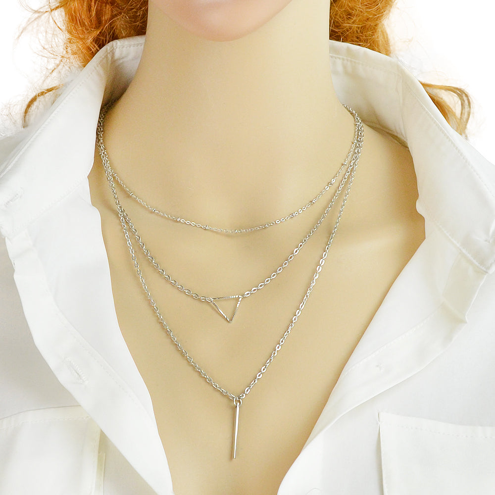 Multi-layer Gold Silver Chain Triangle Bar Charm Necklace Party Daily Jewellery-0