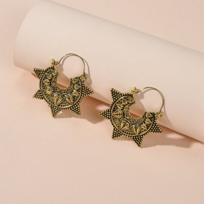 Antique Gold Silver Geometric Oxidized Intricate Hoop Dangle Vintage Earrings-2
