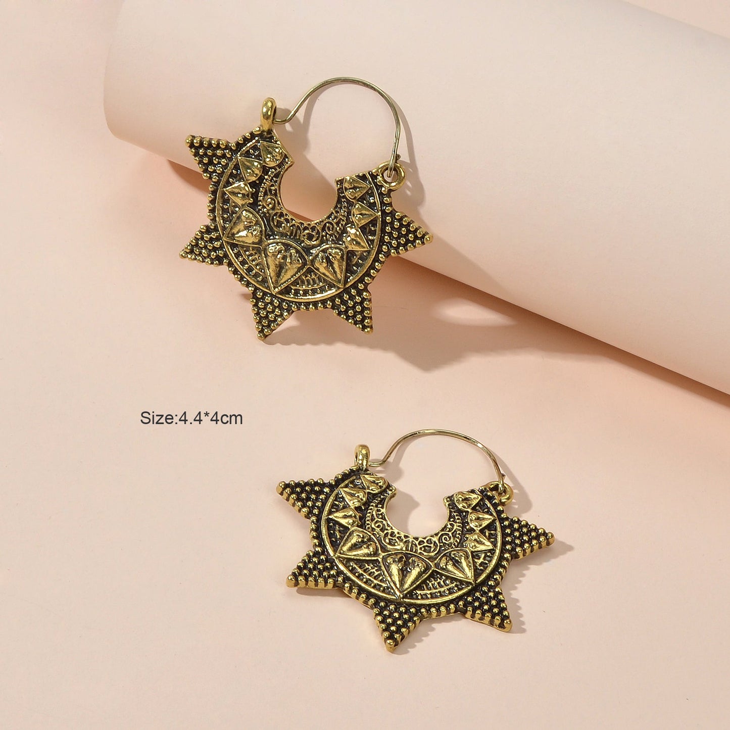 Antique Gold Silver Geometric Oxidized Intricate Hoop Dangle Vintage Earrings-4