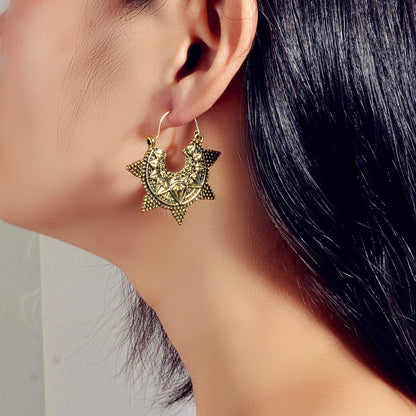 Antique Gold Silver Geometric Oxidized Intricate Hoop Dangle Vintage Earrings-0
