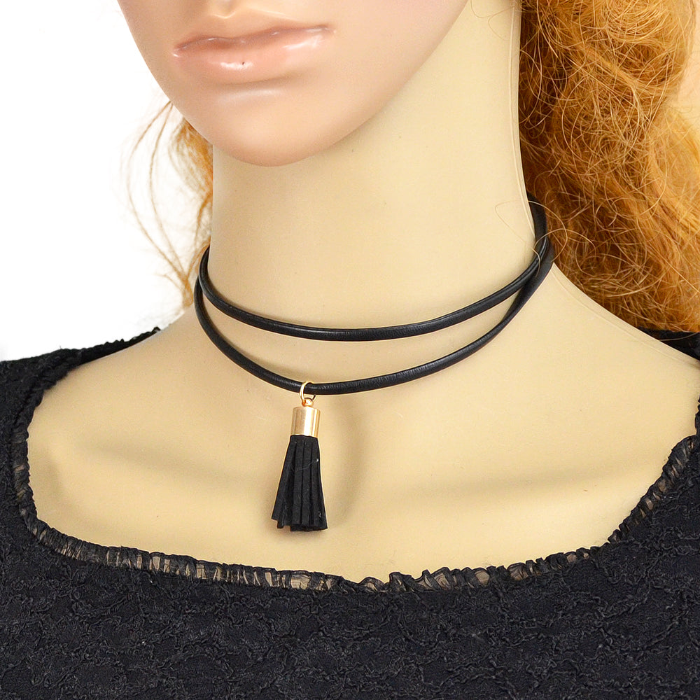 Punk 90s Black Pu Leather Tassel Charm Tattoo Choker Necklace Statement Collar-0