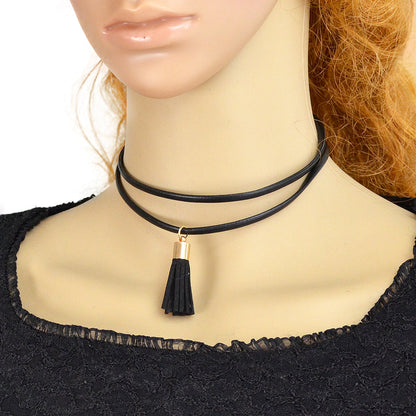 Punk 90s Black Pu Leather Tassel Charm Tattoo Choker Necklace Statement Collar-0