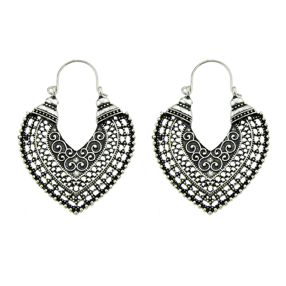 Oxidized Traditional Jewellery Antique Gold Silver Hollow Carved Heart Hoop Earrings-2
