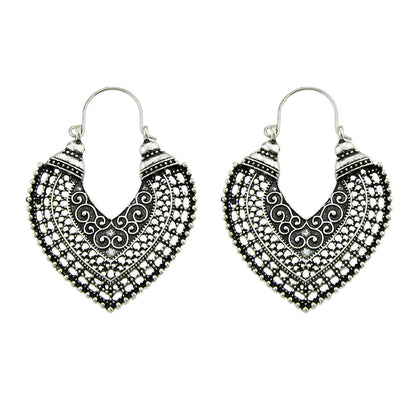 Oxidized Traditional Jewellery Antique Gold Silver Hollow Carved Heart Hoop Earrings-2
