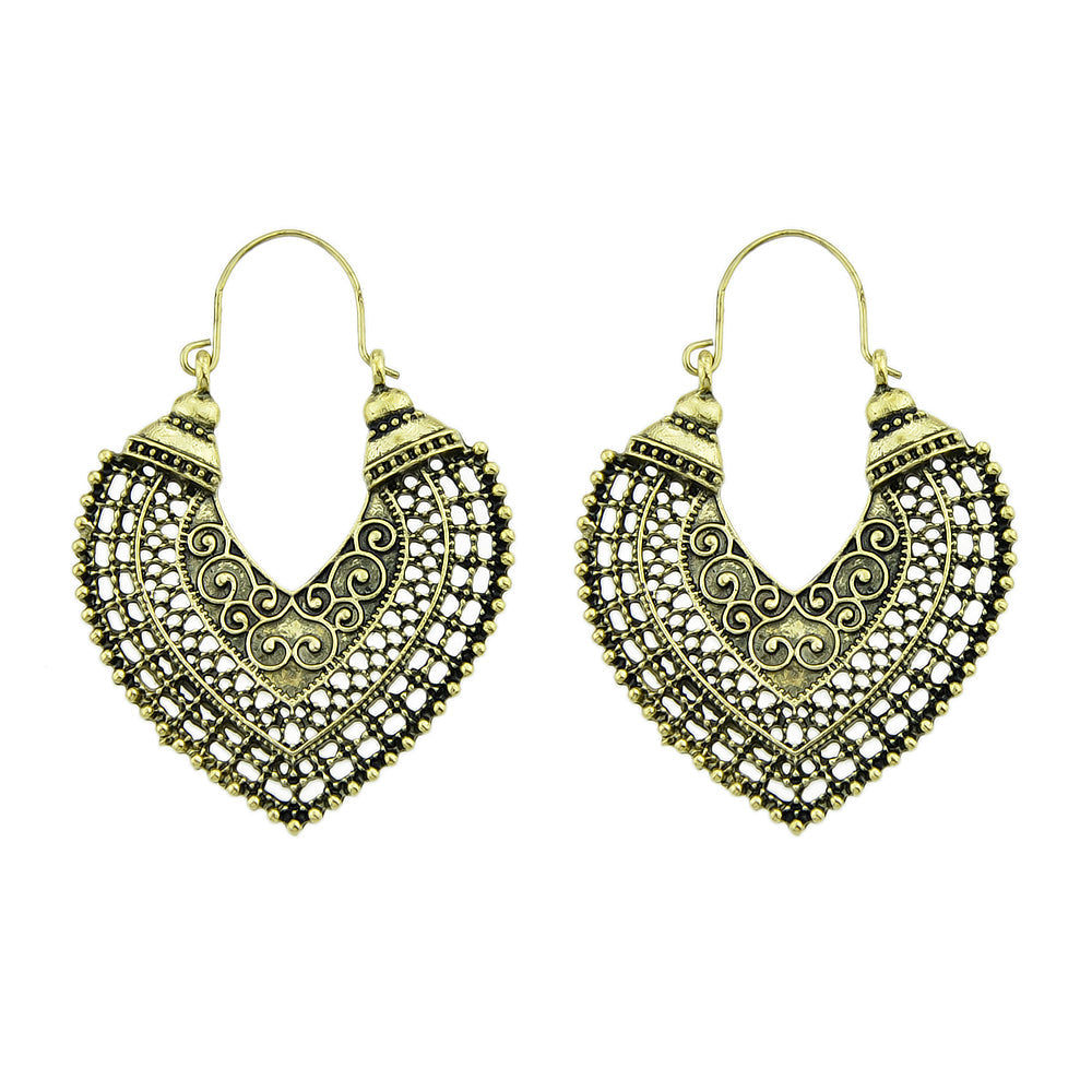 Oxidized Traditional Jewellery Antique Gold Silver Hollow Carved Heart Hoop Earrings-0