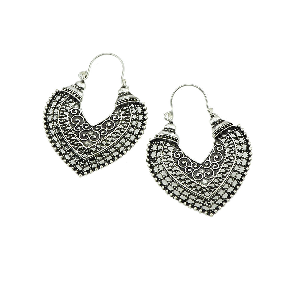 Oxidized Traditional Jewellery Antique Gold Silver Hollow Carved Heart Hoop Earrings-3