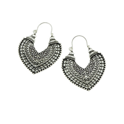 Oxidized Traditional Jewellery Antique Gold Silver Hollow Carved Heart Hoop Earrings-3