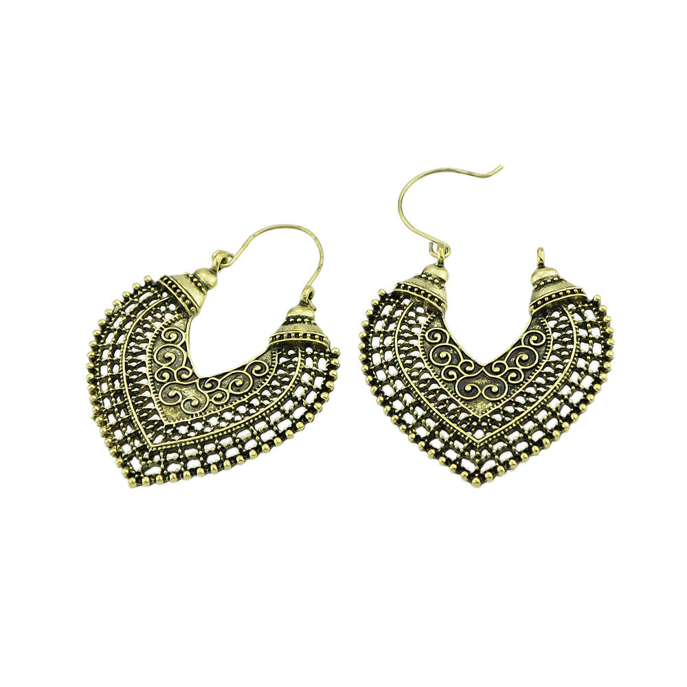 Oxidized Traditional Jewellery Antique Gold Silver Hollow Carved Heart Hoop Earrings-4