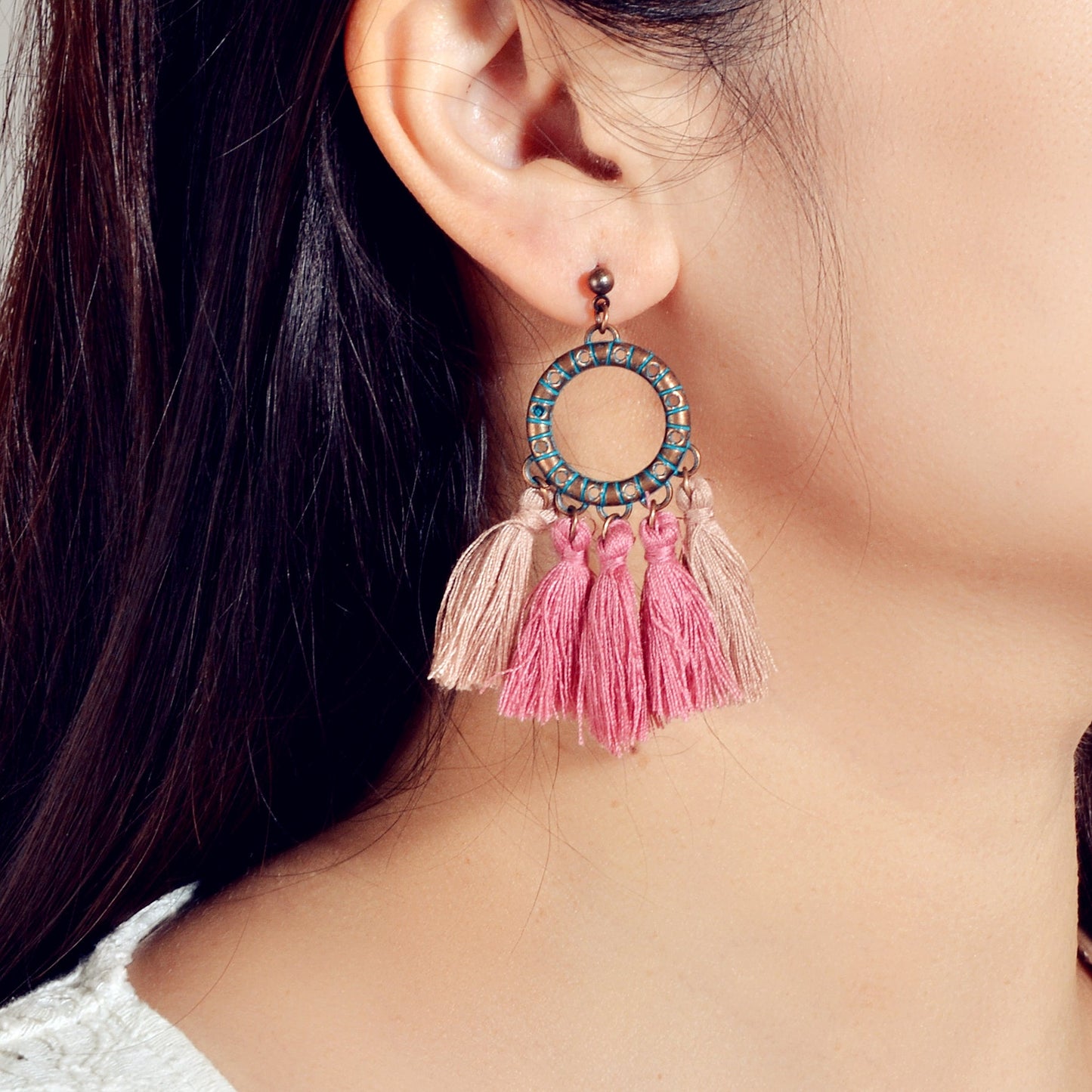 Pink Tassel Dangle Bohemian Earrings Women Girls Teen Ethnic Traditional Jewelry-0