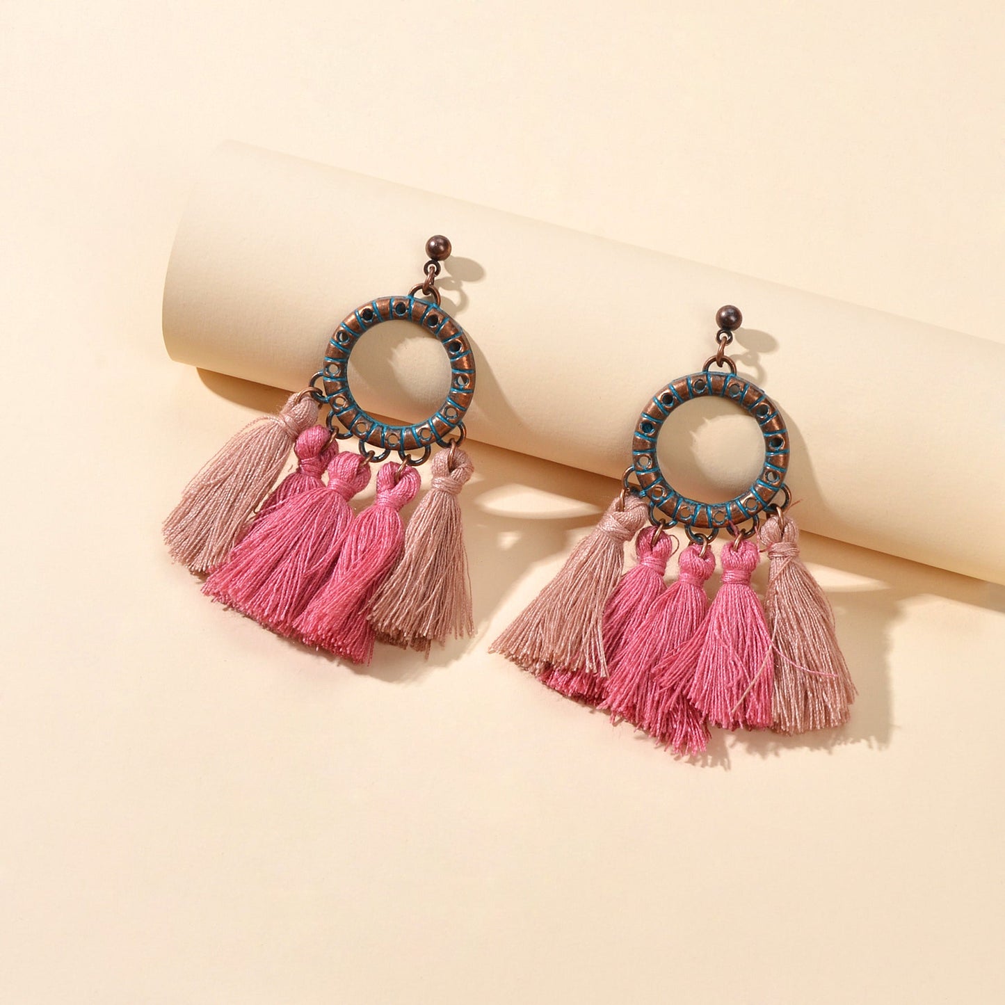 Pink Tassel Dangle Bohemian Earrings Women Girls Teen Ethnic Traditional Jewelry-3