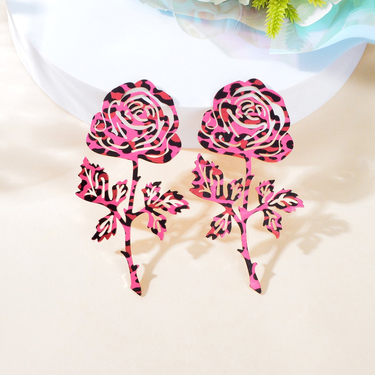 Fashion Preppy Hot Pink Hollow Metal Rose Flower Big Stud Earrings Women Anniversary Prom Jewelry-4
