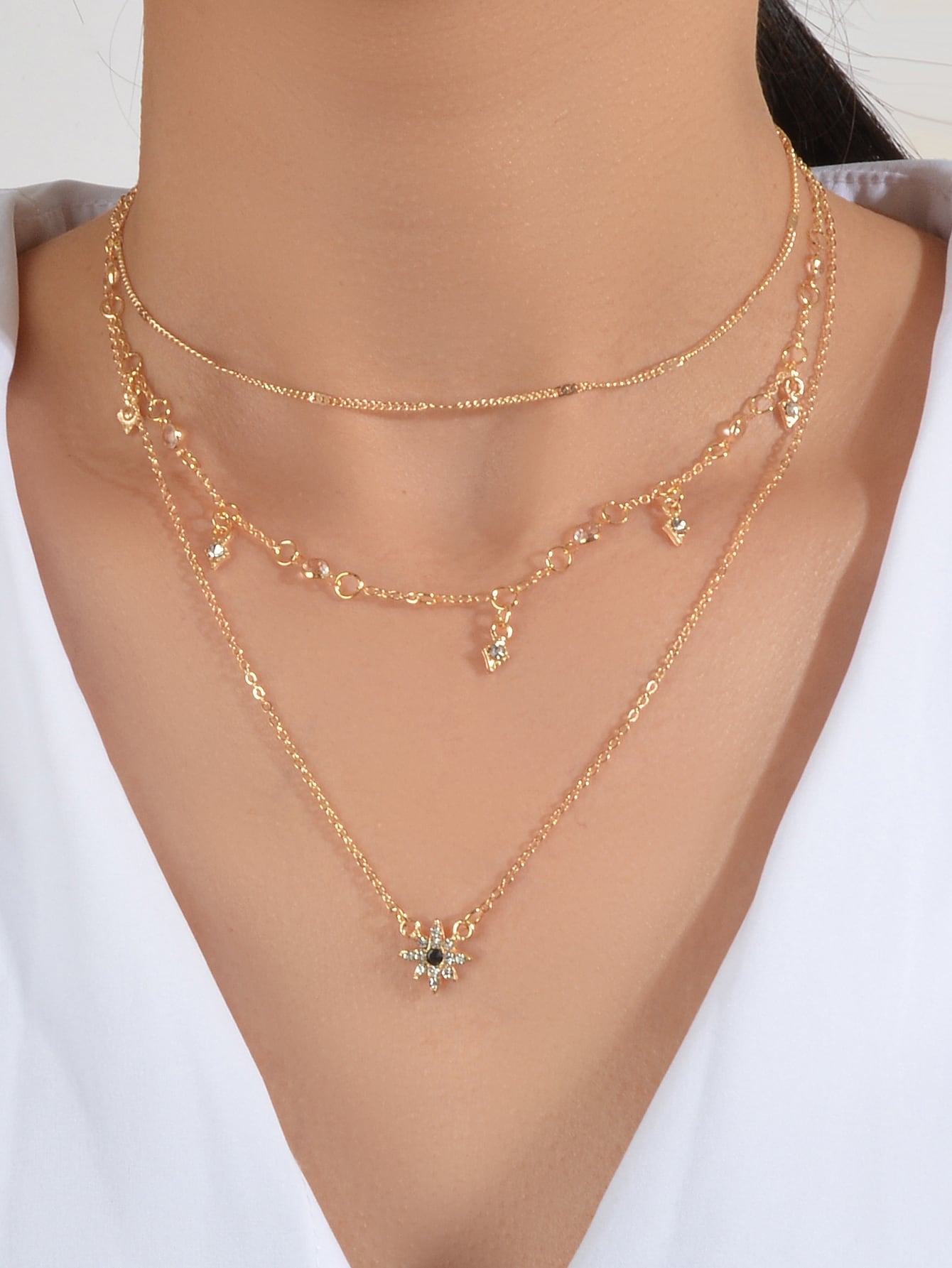 Awesome Teens Jewellery Gift Gold Layered Chain Rhinestone Flower Charm Necklace-4