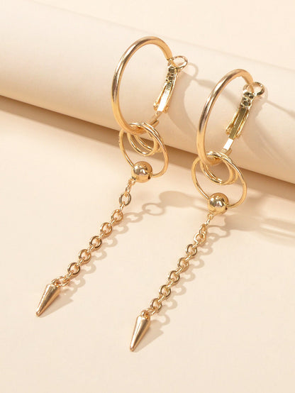 Punk Cool Cone Decor Drop Tassel Chain Hoop Spike Circle Huggie Rivet Earrings-3