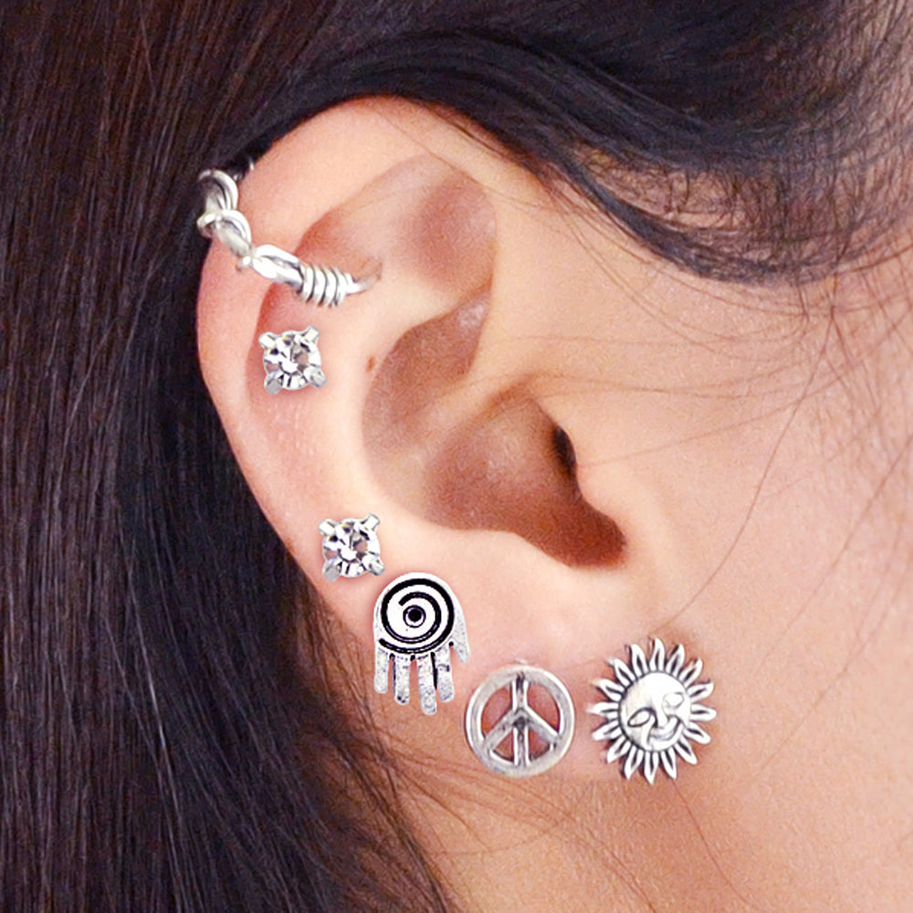 6 pcs Oxidized Intricate Antique Silver Sun Hand Vintage Stud Earrings Ear Cuff-0
