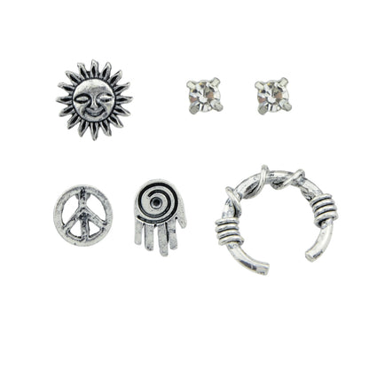 6 pcs Oxidized Intricate Antique Silver Sun Hand Vintage Stud Earrings Ear Cuff-1